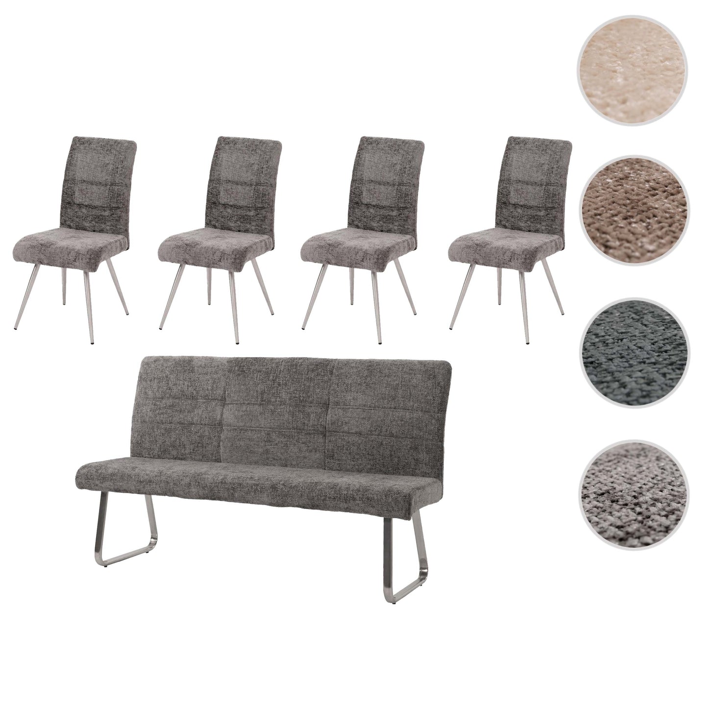 Eetkamerset MCW-G55, set van 4 stoelen + bank 180cm, geborsteld roestvrij staal stof/textiel chenille ~ donkergrijs