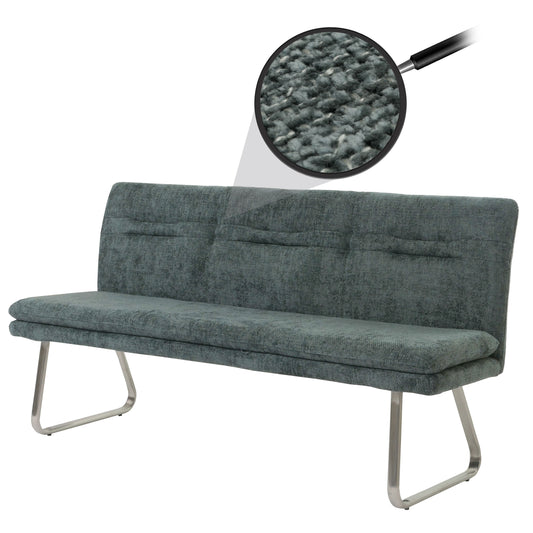 Bank MCW-H70, eetkamerbank gestoffeerde bank, rugleuning stof/textiel chenille roestvrij staal geborsteld 180cm ~ blauwgroen