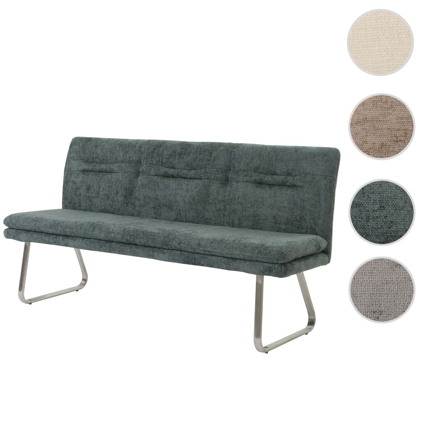 Bank MCW-H70, eetkamerbank gestoffeerde bank, rugleuning stof/textiel chenille roestvrij staal geborsteld 180cm ~ blauwgroen