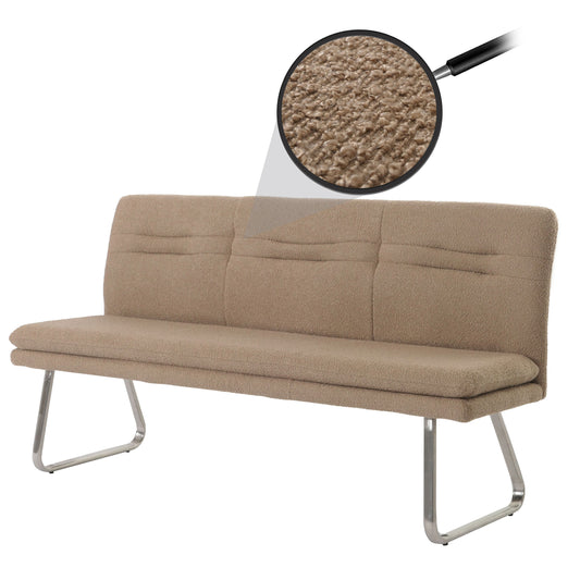 Bank MCW-H70, eetkamerbank gestoffeerde bank, rugleuning stof/textiel bouclé geborsteld roestvrij staal 180cm ~ koffiebruin