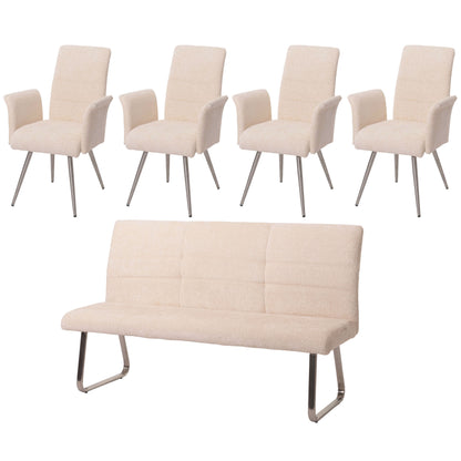 Eetkamerset MCW-G55, set van 4 stoelen met armleuningen + zitbank 180cm, geborsteld roestvrij staal stof/textiel chenille ~ crème