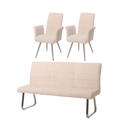 Eetkamerset MCW-G55, set van 2 stoelen met armleuningen + zitbank 180cm, geborsteld roestvrij staal stof/textiel chenille ~ crème