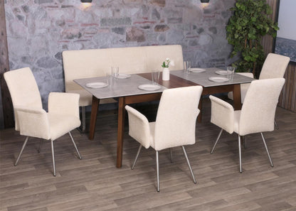 Eetkamerset MCW-G55, set van 4 stoelen met armleuningen + zitbank 180cm, geborsteld roestvrij staal stof/textiel chenille ~ crème