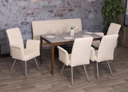 Eetkamerset MCW-G55, set van 4 stoelen met armleuningen + bank 160cm, geborsteld roestvrij staal stof/textiel chenille ~ crème