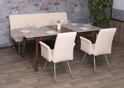 Eetkamerset MCW-G55, set van 2 stoelen met armleuningen + zitbank 180cm, geborsteld roestvrij staal stof/textiel chenille ~ crème