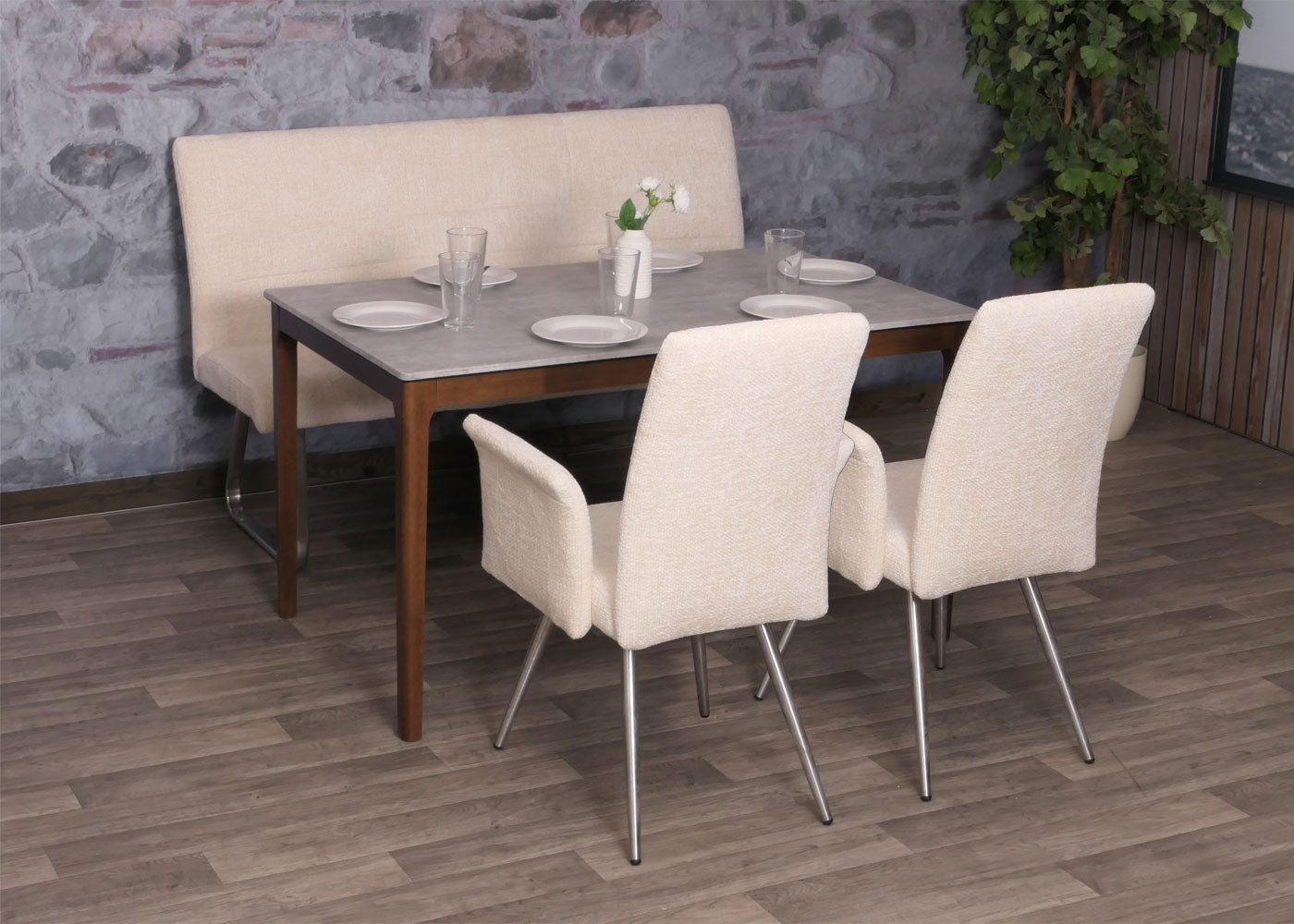 Eetkamerset MCW-G55, set van 2 stoelen met armleuningen + bank 160cm, geborsteld roestvrij staal stof/textiel chenille ~ crème