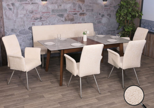 Eetkamerset MCW-G55, set van 4 stoelen met armleuningen + zitbank 180cm, geborsteld roestvrij staal stof/textiel chenille ~ crème