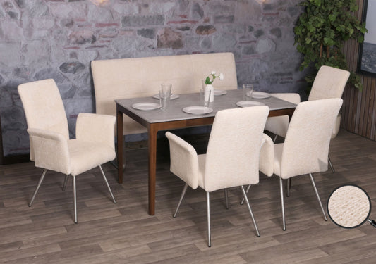 Eetkamerset MCW-G55, set van 4 stoelen met armleuningen + bank 160cm, geborsteld roestvrij staal stof/textiel chenille ~ crème