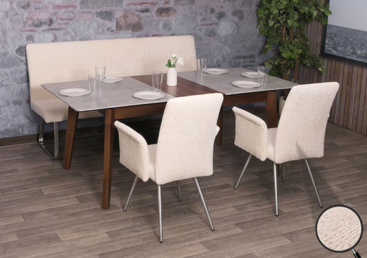 Eetkamerset MCW-G55, set van 2 stoelen met armleuningen + zitbank 180cm, geborsteld roestvrij staal stof/textiel chenille ~ crème