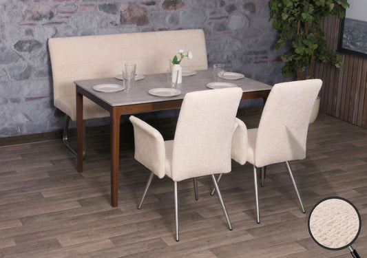 Eetkamerset MCW-G55, set van 2 stoelen met armleuningen + bank 160cm, geborsteld roestvrij staal stof/textiel chenille ~ crème