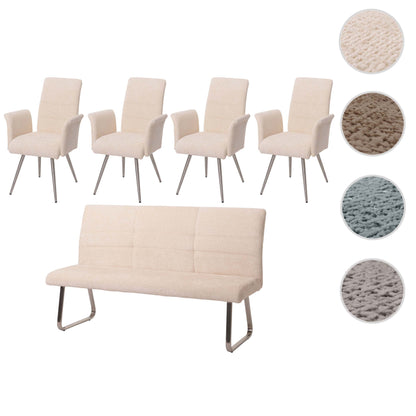 Eetkamerset MCW-G55, set van 4 stoelen met armleuningen + zitbank 180cm, geborsteld roestvrij staal stof/textiel chenille ~ crème
