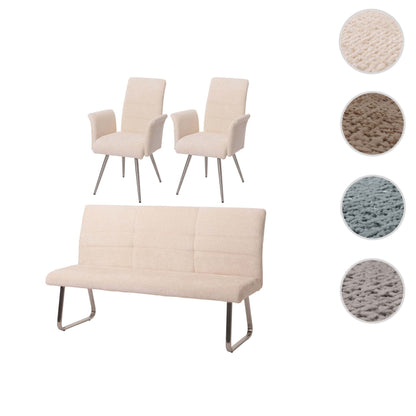 Eetkamerset MCW-G55, set van 2 stoelen met armleuningen + zitbank 180cm, geborsteld roestvrij staal stof/textiel chenille ~ crème
