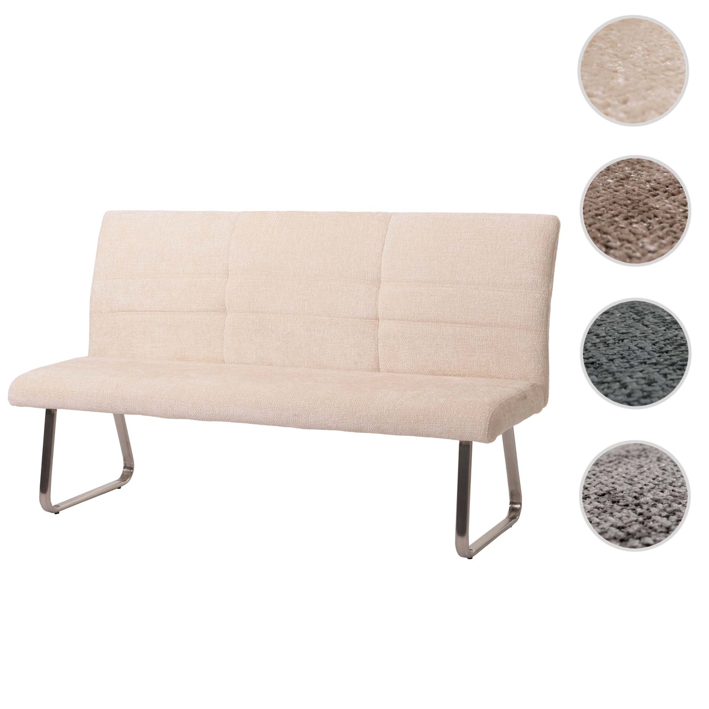 Bank MCW-G55, eetkamerbank, geborsteld roestvrij staal stof/textiel chenille Oeko-Tex, 180cm ~ crème