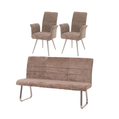 Eetkamerset MCW-G55, set van 2 stoelen met armleuningen + zitbank 180cm, geborsteld roestvrij staal stof/textiel chenille ~ bruin