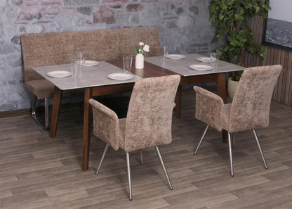 Eetkamerset MCW-G55, set van 2 stoelen met armleuningen + zitbank 180cm, geborsteld roestvrij staal stof/textiel chenille ~ bruin