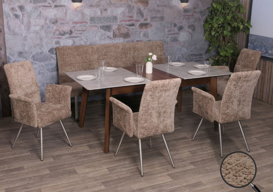 Eetkamerset MCW-G55, set van 4 stoelen met armleuningen + zitbank 180cm, geborsteld roestvrij staal stof/textiel chenille ~ bruin