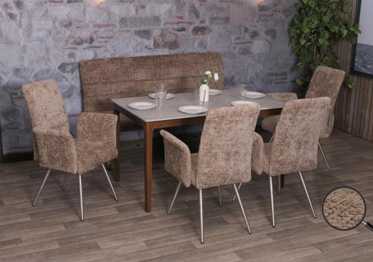 Eetkamerset MCW-G55, set van 4 stoelen met armleuningen + bank 160cm, geborsteld roestvrij staal stof/textiel chenille ~ bruin