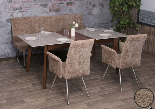 Eetkamerset MCW-G55, set van 2 stoelen met armleuningen + zitbank 180cm, geborsteld roestvrij staal stof/textiel chenille ~ bruin