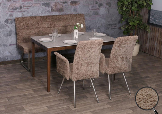 Eetkamerset MCW-G55, set van 2 stoelen met armleuningen + bank 160cm, geborsteld roestvrij staal stof/textiel chenille ~ bruin