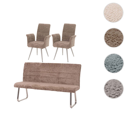 Eetkamerset MCW-G55, set van 2 stoelen met armleuningen + zitbank 180cm, geborsteld roestvrij staal stof/textiel chenille ~ bruin