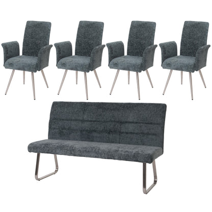 Eetkamerset MCW-G55, set van 4 stoelen met armleuningen + zitbank 180cm, geborsteld roestvrij staal stof/textiel chenille ~ blauwgroen