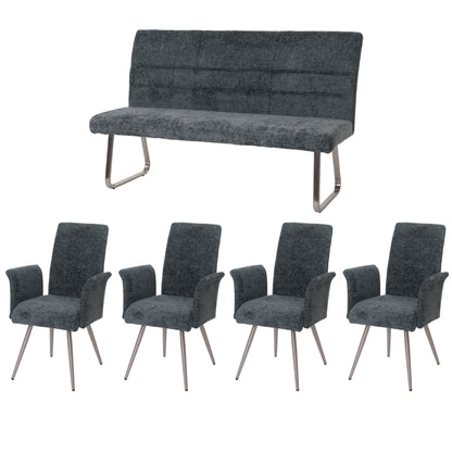 Eetkamerset MCW-G55, set van 4 stoelen met armleuningen + bank 160cm, geborsteld roestvrij staal stof/textiel chenille ~ blauwgroen