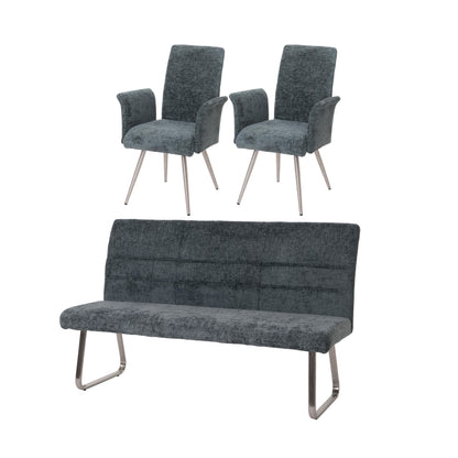 Eetkamerset MCW-G55, set van 2 stoelen met armleuningen + zitbank 180cm, geborsteld roestvrij staal stof/textiel chenille ~ blauwgroen