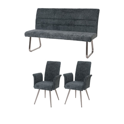 Eetkamerset MCW-G55, set van 2 stoelen met armleuningen + bank 160cm, geborsteld roestvrij staal stof/textiel chenille ~ blauwgroen