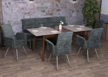 Eetkamerset MCW-G55, set van 4 stoelen met armleuningen + zitbank 180cm, geborsteld roestvrij staal stof/textiel chenille ~ blauwgroen