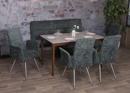 Eetkamerset MCW-G55, set van 4 stoelen met armleuningen + bank 160cm, geborsteld roestvrij staal stof/textiel chenille ~ blauwgroen