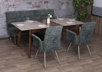 Eetkamerset MCW-G55, set van 2 stoelen met armleuningen + zitbank 180cm, geborsteld roestvrij staal stof/textiel chenille ~ blauwgroen