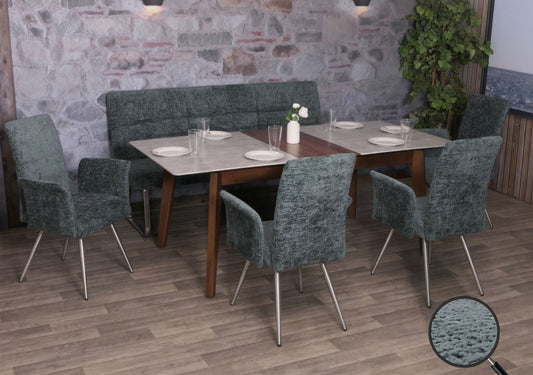 Eetkamerset MCW-G55, set van 4 stoelen met armleuningen + zitbank 180cm, geborsteld roestvrij staal stof/textiel chenille ~ blauwgroen