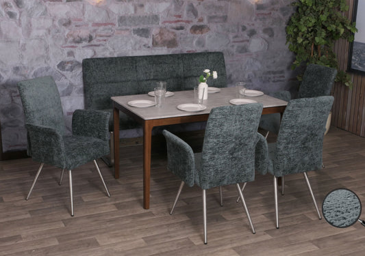 Eetkamerset MCW-G55, set van 4 stoelen met armleuningen + bank 160cm, geborsteld roestvrij staal stof/textiel chenille ~ blauwgroen