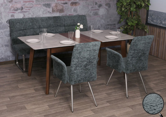 Eetkamerset MCW-G55, set van 2 stoelen met armleuningen + zitbank 180cm, geborsteld roestvrij staal stof/textiel chenille ~ blauwgroen