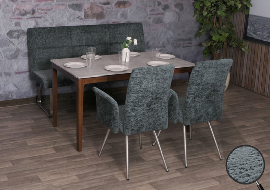 Eetkamerset MCW-G55, set van 2 stoelen met armleuningen + bank 160cm, geborsteld roestvrij staal stof/textiel chenille ~ blauwgroen