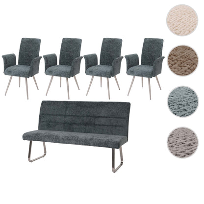 Eetkamerset MCW-G55, set van 4 stoelen met armleuningen + zitbank 180cm, geborsteld roestvrij staal stof/textiel chenille ~ blauwgroen