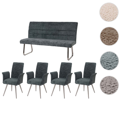 Eetkamerset MCW-G55, set van 4 stoelen met armleuningen + bank 160cm, geborsteld roestvrij staal stof/textiel chenille ~ blauwgroen