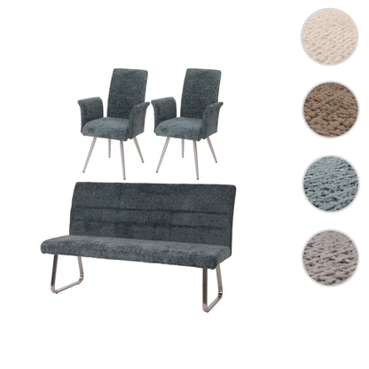 Eetkamerset MCW-G55, set van 2 stoelen met armleuningen + zitbank 180cm, geborsteld roestvrij staal stof/textiel chenille ~ blauwgroen