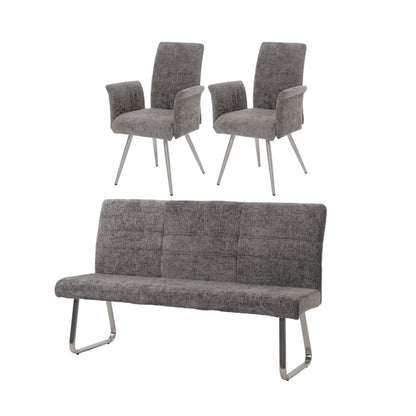 Eetkamerset MCW-G55, set van 2 stoelen met armleuningen + zitbank 180cm, geborsteld roestvrij staal stof/textiel chenille ~ donkergrijs