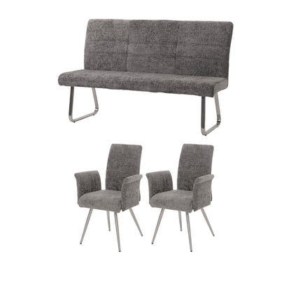 Eetkamerset MCW-G55, set van 2 stoelen met armleuningen + bank 160cm, geborsteld roestvrij staal stof/textiel chenille ~ donkergrijs