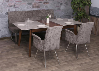 Eetkamerset MCW-G55, set van 2 stoelen met armleuningen + zitbank 180cm, geborsteld roestvrij staal stof/textiel chenille ~ donkergrijs