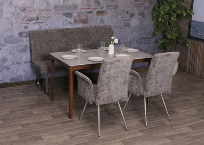 Eetkamerset MCW-G55, set van 2 stoelen met armleuningen + bank 160cm, geborsteld roestvrij staal stof/textiel chenille ~ donkergrijs