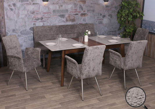 Eetkamerset MCW-G55, set van 4 stoelen met armleuningen + zitbank 180cm, geborsteld roestvrij staal stof/textiel chenille ~ donkergrijs