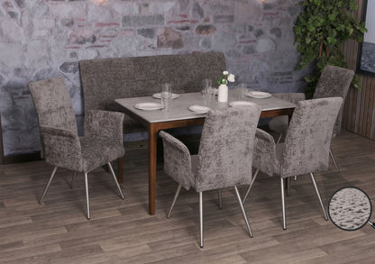 Eetkamerset MCW-G55, set van 4 stoelen met armleuningen + bank 160cm, geborsteld roestvrij staal stof/textiel chenille ~ donkergrijs