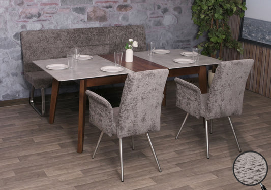 Eetkamerset MCW-G55, set van 2 stoelen met armleuningen + zitbank 180cm, geborsteld roestvrij staal stof/textiel chenille ~ donkergrijs