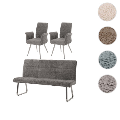 Eetkamerset MCW-G55, set van 2 stoelen met armleuningen + zitbank 180cm, geborsteld roestvrij staal stof/textiel chenille ~ donkergrijs