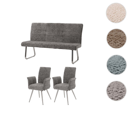 Eetkamerset MCW-G55, set van 2 stoelen met armleuningen + bank 160cm, geborsteld roestvrij staal stof/textiel chenille ~ donkergrijs