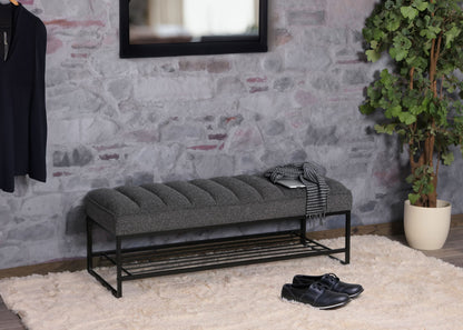 Bank MCW-N68 met schoenenrek, bank gestoffeerd bank garderobe bank schoenenrek, stof chenille metaal 130cm ~ donkergrijs