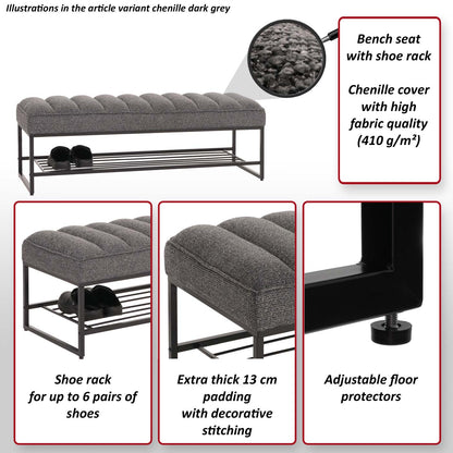 Bank MCW-N68 met schoenenrek, bank gestoffeerd bank garderobe bank schoenenrek, stof chenille metaal 130cm ~ koffie