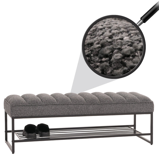 Bank MCW-N68 met schoenenrek, bank gestoffeerd bank garderobe bank schoenenrek, stof chenille metaal 130cm ~ donkergrijs